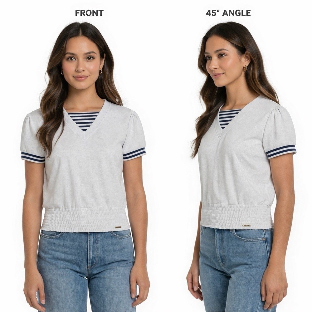 Jones New York Womens XL White Top Nautical‎ Stripe 3/4 Sleeve V Neck